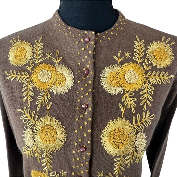 Vintage Knit Cardigan Dark Brown Wool Blend Hand Embroidered‎ Yellow Flowers S/M - Picture 9 of 12